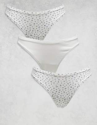 Lindex Lindex 3 pack of Lace edge brazillian cotton briefs in Ditsy print and white