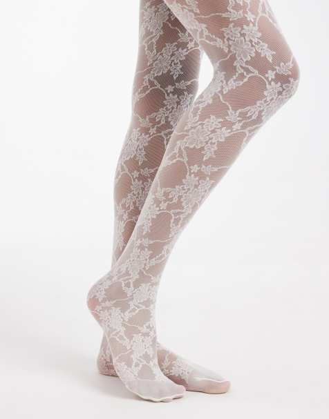 Lindex 30 denier all-over floral lace tights in white - view 1