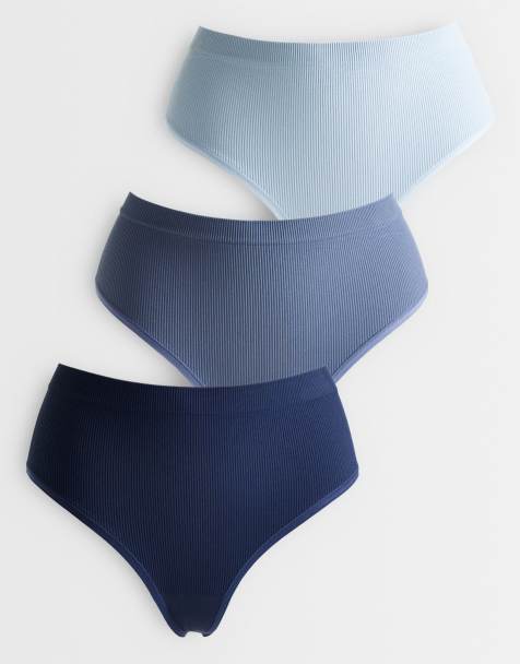 Lindex – 3er-Pack nahtlose, gerippte Tangas in Blau mit hohem Bund - view 1