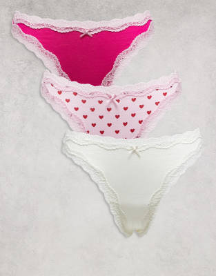 Lindex - 3er-Pack Tangas aus Baumwolle in Hellrosa mit Spitzenbesatz und Herzmuster-Bunt