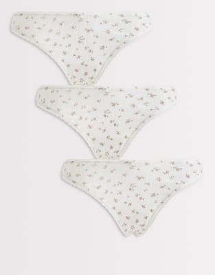 Lindex - 3er-Pack Tangas aus Pointelle-Stoff in Wollweiß mit Blumenmuster