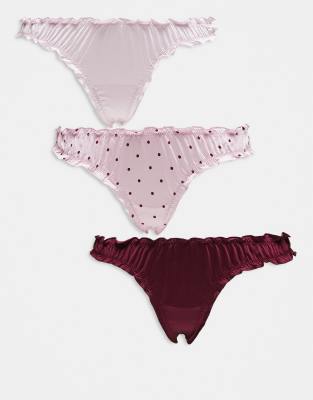 Lindex - 3er-Pack Tangas in Rot, Rosa und mit Punktemuster mit gerafften Details-Bunt