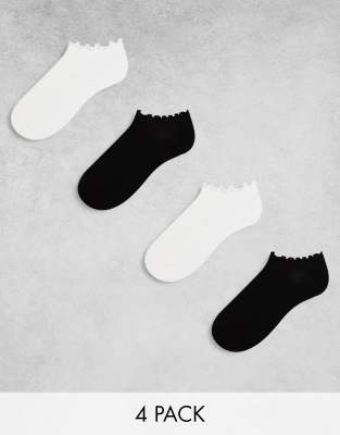 Lindex 4 pack lettuce edge trainer socks in black and white