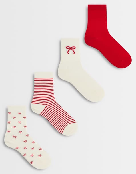 Lindex 4 pack of socks in red bow and stripe print - view 1