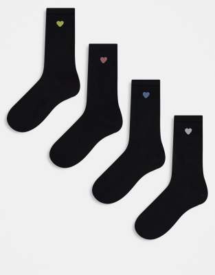 Lindex 4 pack rib heart detail sock in black