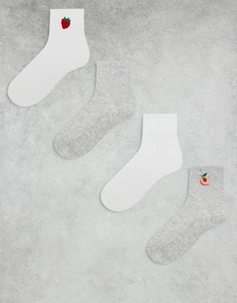 Lindex 4 pack rib knit fruit detail socks in gray & white - view 1