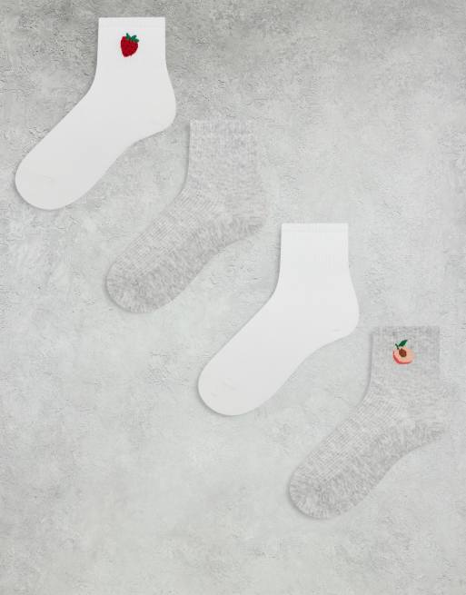 Lindex 4 pack rib knit fruit detail socks in gray & white