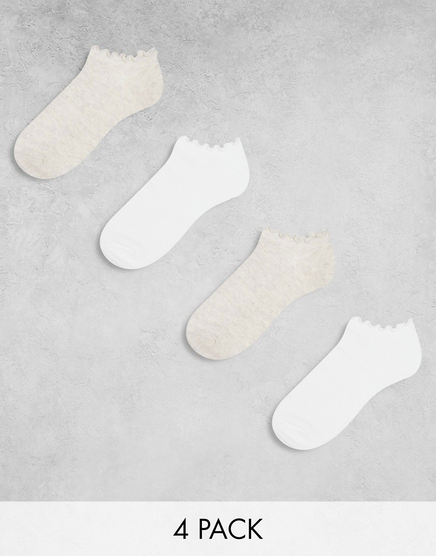 4-pack ribbed ankle socks with frill edge in white and beige-Multi