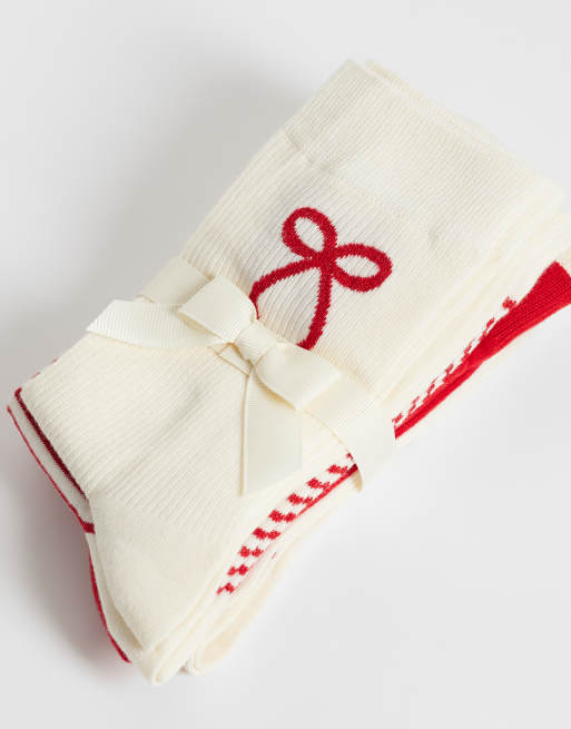 Lindex 4 pack socks in red bow and stripe print, 2 of 3