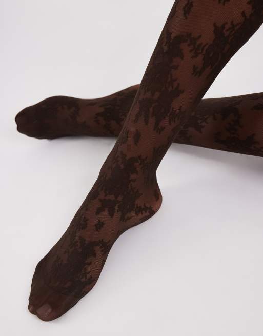 Lindex 40 DEN Strumpfhose mit floraler Spitze in Braun, 2 von 3
