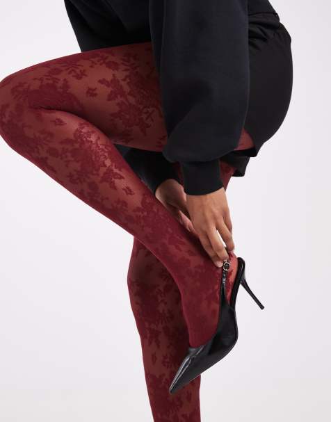 Lindex 40 denier blondetights med heldækkende blomsterprint i rød - view 1