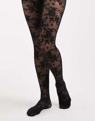 Lindex 40 Denier Floral Lace Tight In Black