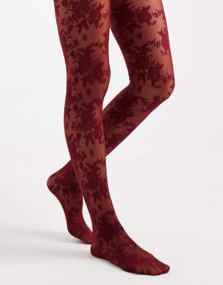 Lindex Lindex 40 denier floral lace tight in burgundy-Red
