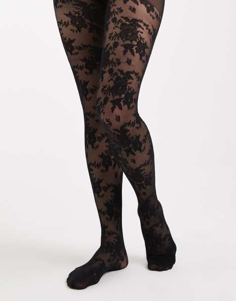 Lindex 40 denier floral lace tights in black - view 1