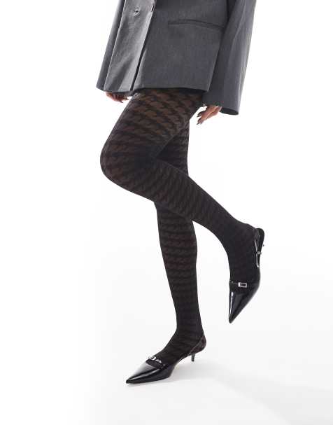 Lindex 40 denier houndstooth pattern tights in black - view 1