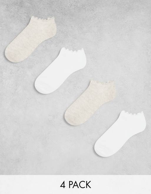 Lindex – 4er-Pack gerippte Knöchelsocken in Weiß und Beige mit Rüschenrand
