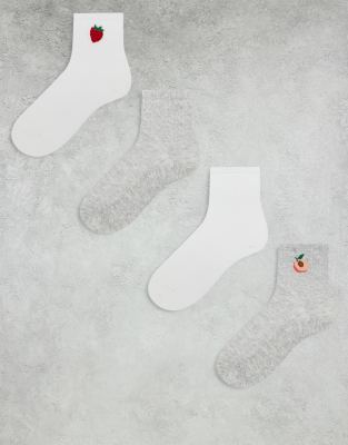 Lindex - 4er-Pack gerippte Socken in Grau und Weiß mit Fruchtdetail-Bunt