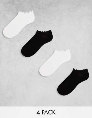 Lindex - 4er-Pack Sneakersocken in Schwarz und Weiß mit Kräuselsaum-Bunt