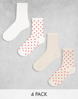 Lindex - 4er-Pack Socken in neutralen Farben mit Herzmuster