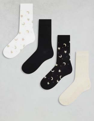 Lindex - 4er-Pack Socken in verschiedenen Farben mit glitzernden Mond- und Sternprint-Details-Bunt