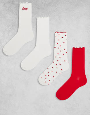 Lindex - 4er-Pack Socken in Wollweiß und Rot mit Rüschensaum und Valentinstagsdesign-Bunt