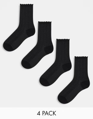 Lindex - 4er-Pack strukturierte Socken in Schwarz mit Rüschenrand