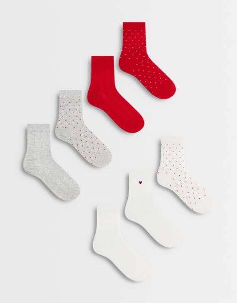 Lindex 7 pack socks in off white grey and red heart prints - view 1