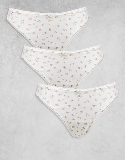 Lindex – Baumwoll-Tangas mit Spitzenborte und Blumenmuster, 3er-Pack - view 1
