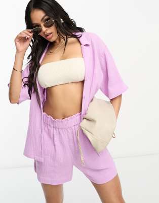 Lindex Lindex beach loose fit wide sleeve cheesecloth textured shirt co-ord in lilac-Purple
