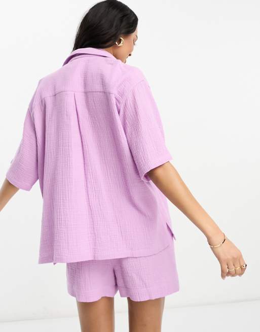 Lindex beach loose fit wide sleeve cheesecloth textured shirt co-ord in lilac, 3 of 4