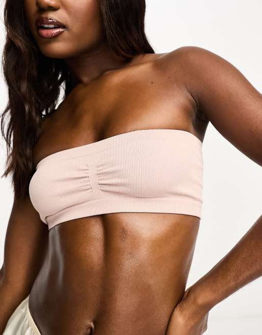 Lindex – Beżowy prążkowany bezszwowy biustonosz z dekoltem bandeau