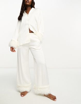 Lindex Bridal faux feather trim long sleeve pyjama set in white