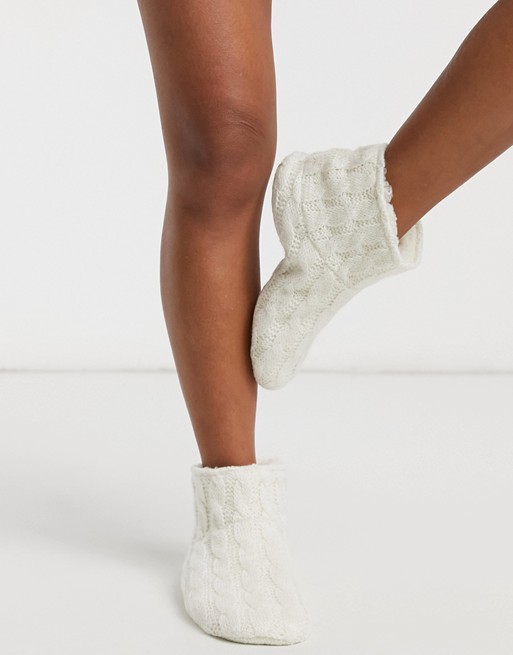 Lindex cable knit fleece lined slipper socks in off white