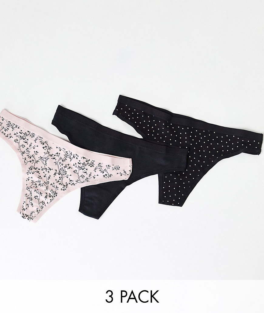 Lindex Carin organic cotton 3 pack thongs in black and pink floral-Multi