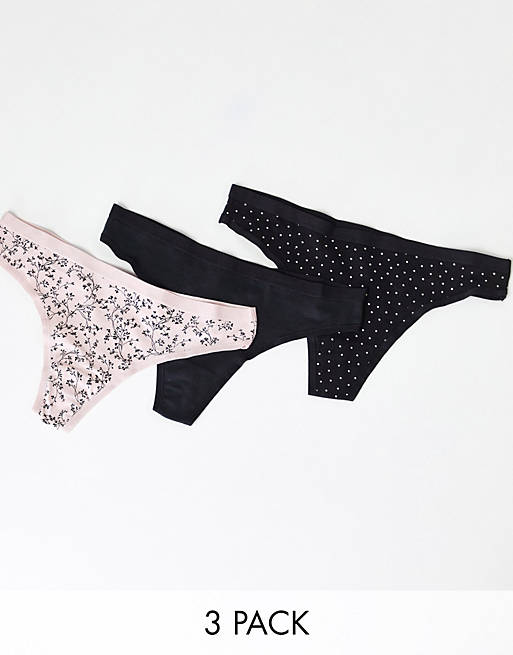 Lindex Carin organic cotton 3 pack thongs in black and pink floral
