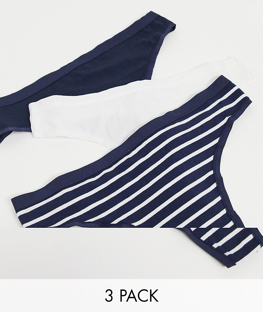 Lindex Carin organic cotton 3 pack thongs in white and navy stripe-Multi