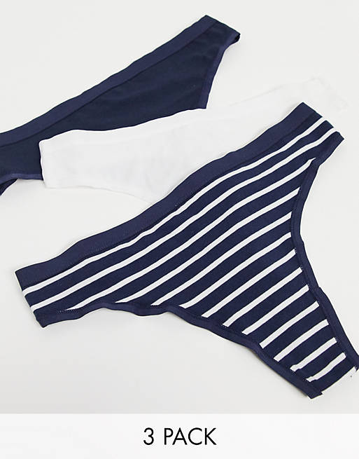 Lindex Carin organic cotton 3 pack thongs in white and navy stripe