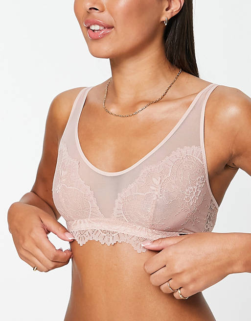 Lindex Chloe lace and sheer mesh cropped bralette in dusty pink