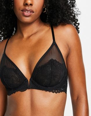 Buy Lace Detail Non-Wired Padded Plunge Bra with Hook and Eye