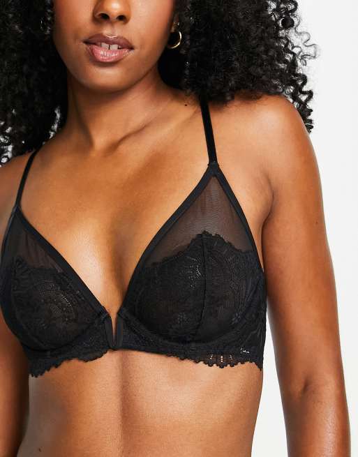 Lindex Chloe non padded plunge lace bra with sheer mesh and V wire detail  in black