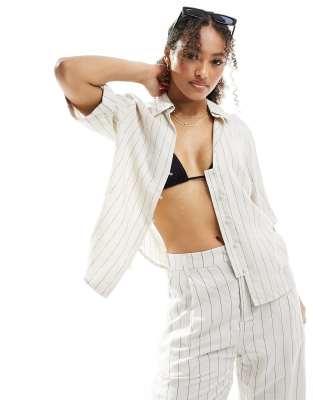 Lindex Lindex co-ord Edda Linen blend boxy beach shirt in beige stripe-Neutral