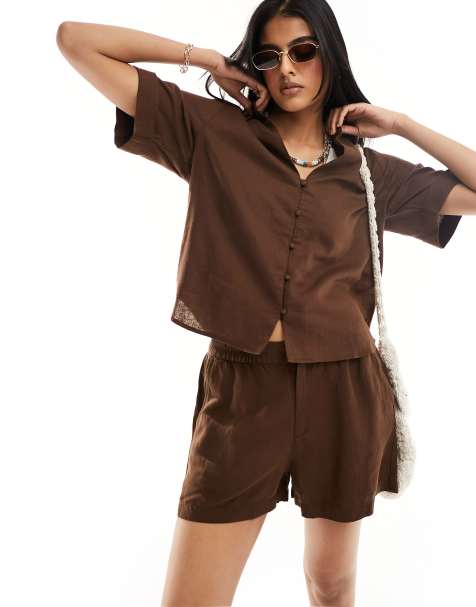 Lindex co-ord Edda Linen blend boxy beach shirt in brown - view 1