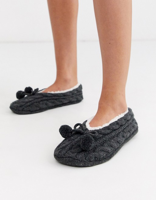 Lindex cosy cable knit pom pom footsie slipper socks in grey