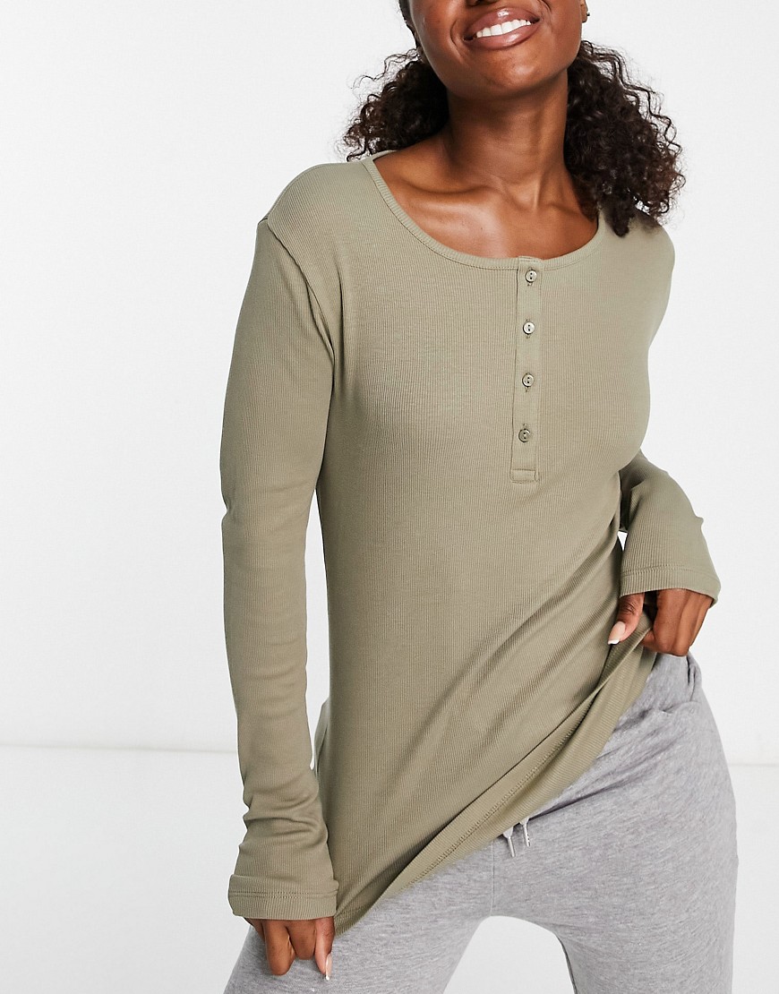 Lindex cotton blend long sleeve button front rib top in khaki-Green
