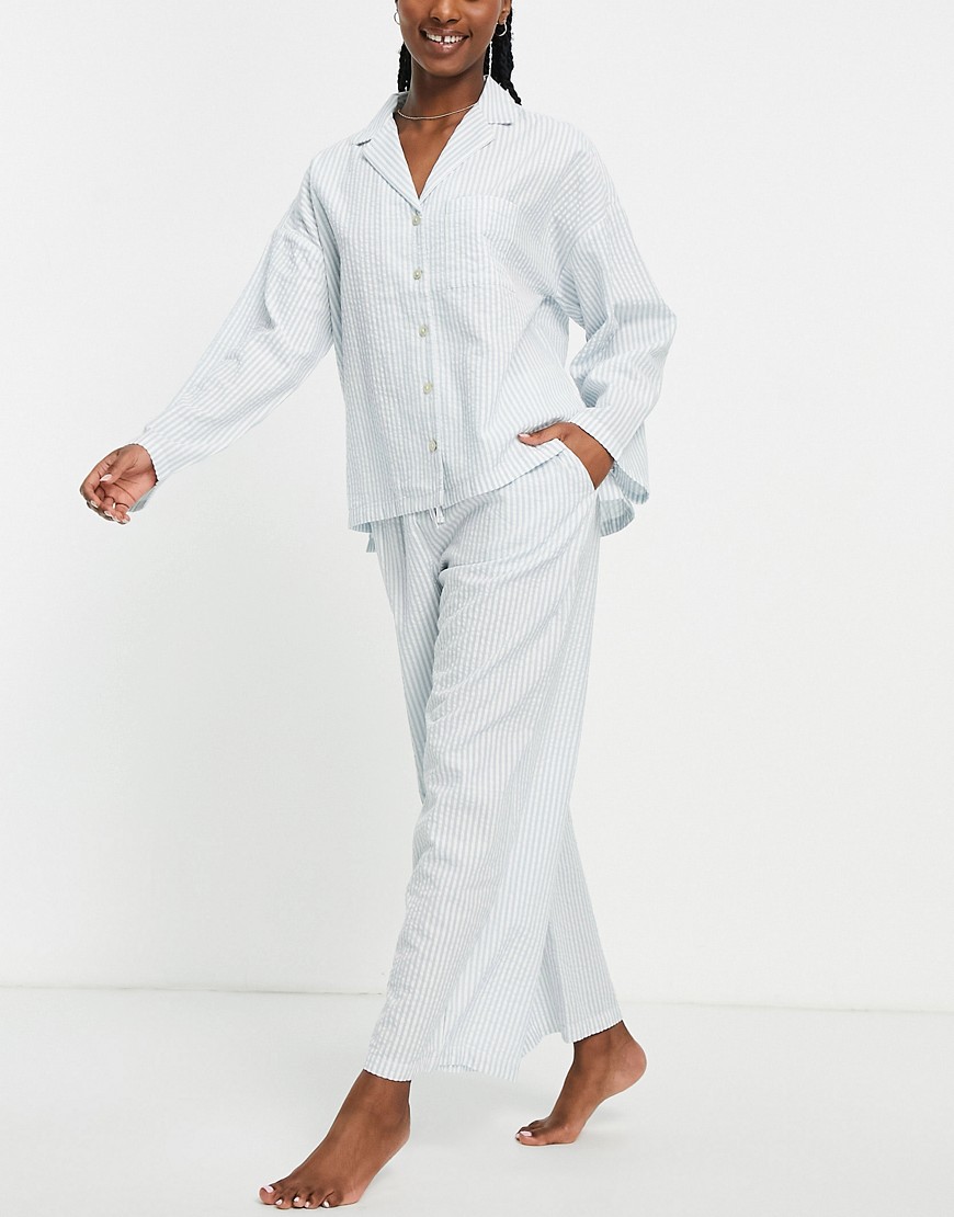 Lindex cotton seersucker stripe revere top and wide leg pants pajama set in blue - LBLUE