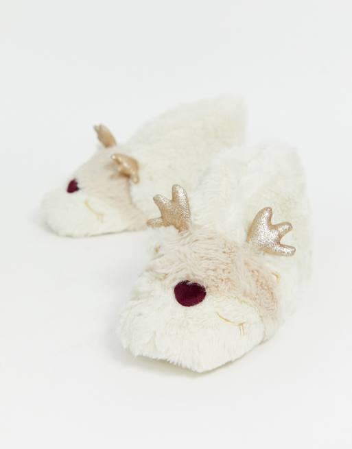 Lindex - Cremefarvede fluffy rensdyr-hjemmsko