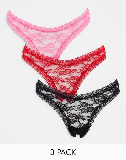 ASOS DESIGN 3 pack mesh, satin, lace tanga thong in red & blacks