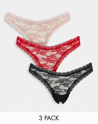 Lindex Dana lace 3 pack thong in black, beige and red