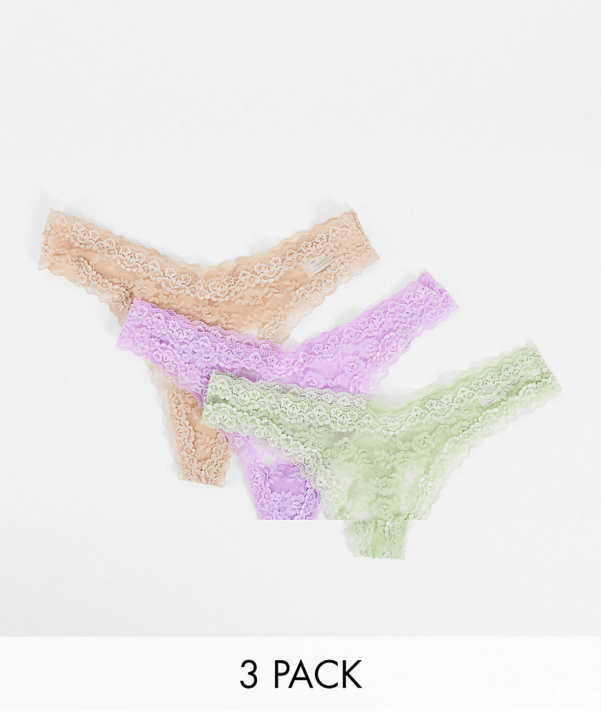 Lindex Dana lace high leg thong 3 pack in beige lilac and green-Multi