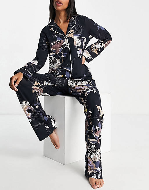 Lingerie & Nightwear Lindex eco viscose jersey revere pyjama set in navy floral print 